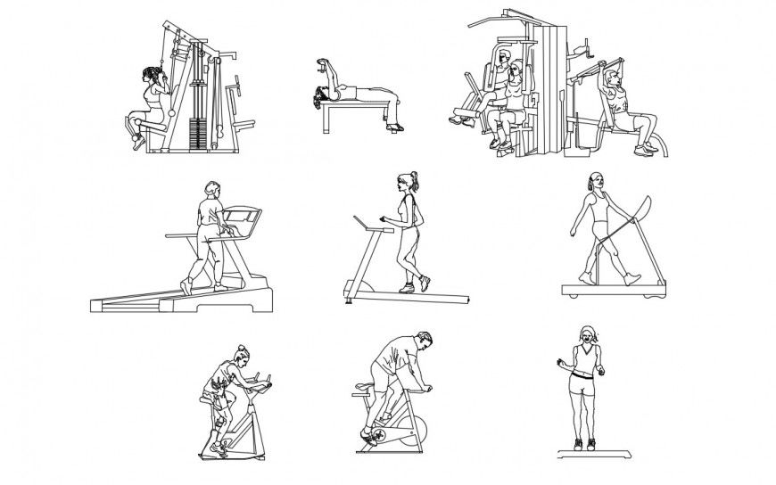 CAd drawings details of fitness equipment with people