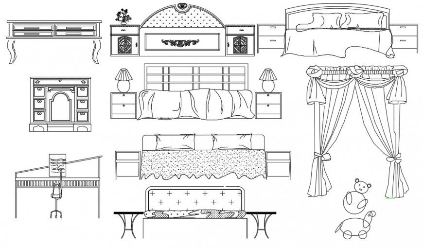 CAd drawings details of floral curtains and front elevation of bed