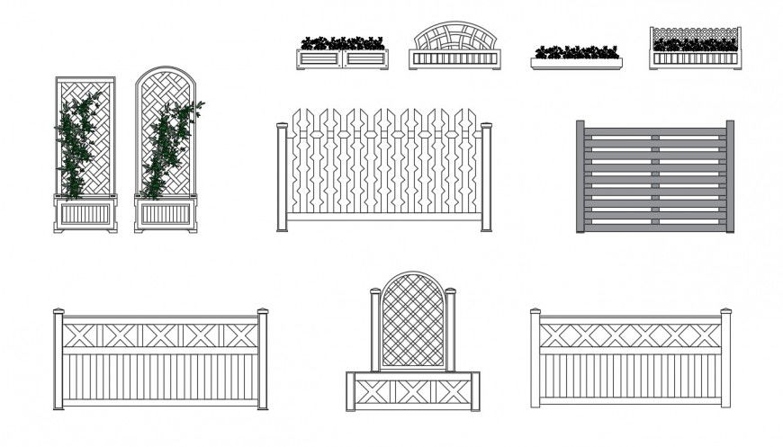 CAd drawings details of flower  beds and fences styling pattern
