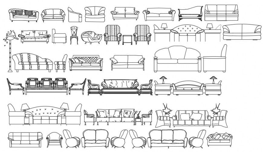 CAd drawings details of front , side elevation of  three-seater sofa