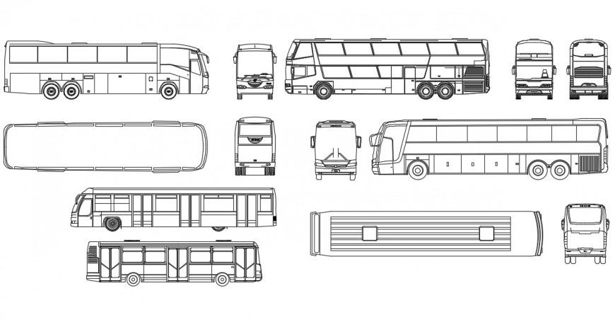 CAd drawings details of front ,back,side and top elevation of buses