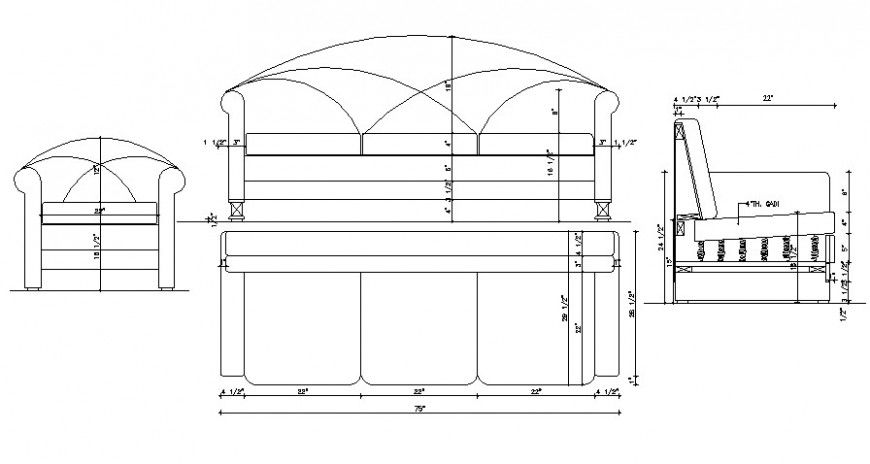 Cad drawings details of front and top  view of sofa three seater with front curved design 