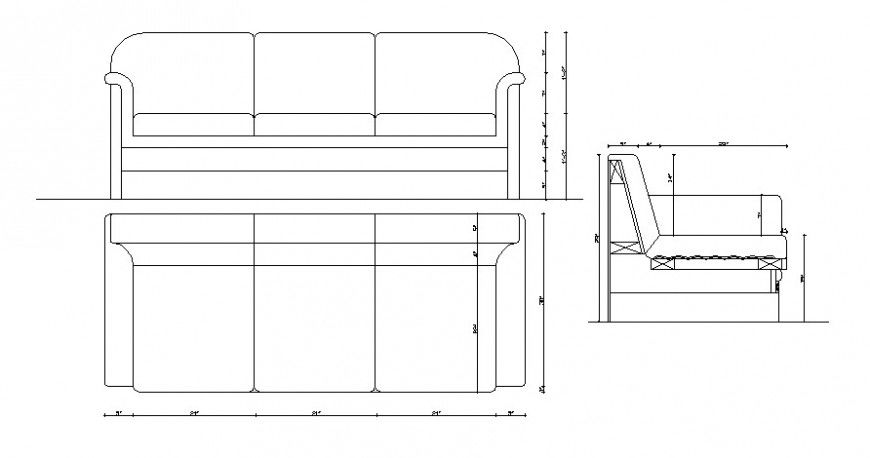 CAd drawings details of front and top  view of sofa three seaters with three elevation