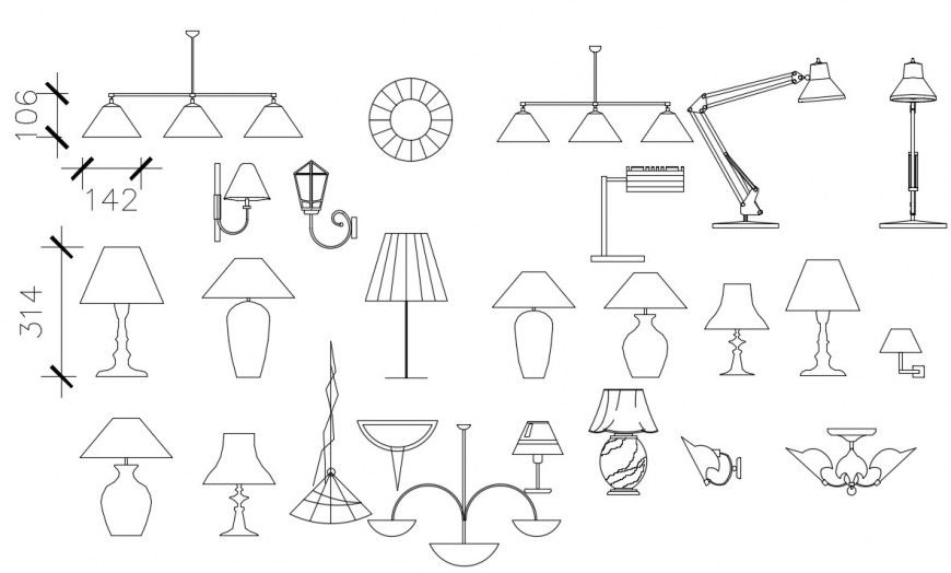 CAd drawings details of front elevation of different lamps and led light chandelier