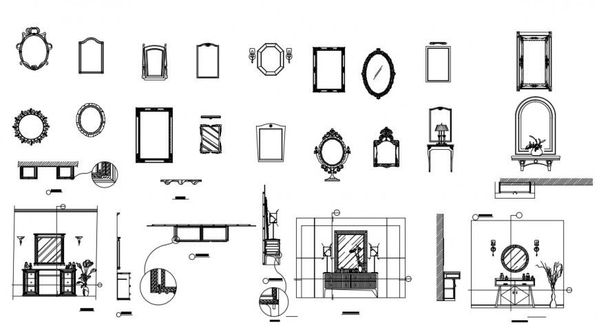 CAd drawings details of front elevation of dressing mirror designer