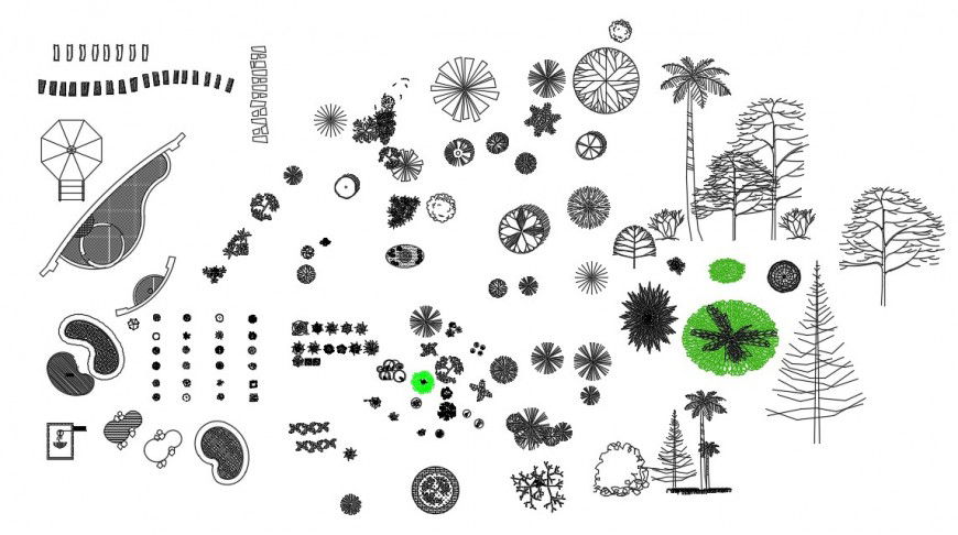 CAd drawings details of green trees and rounded flower pots