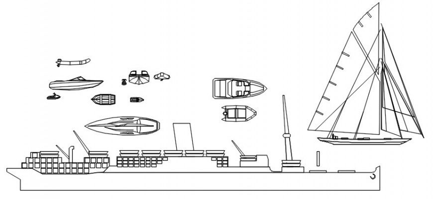 Cad drawings details of long side view of ship and yacht