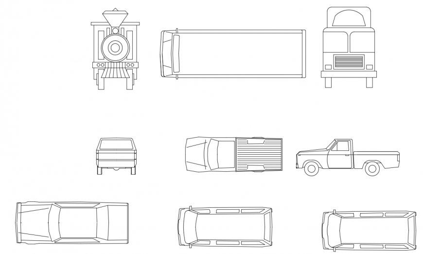 CAD drawings details of luxury cars and truck, train  and van