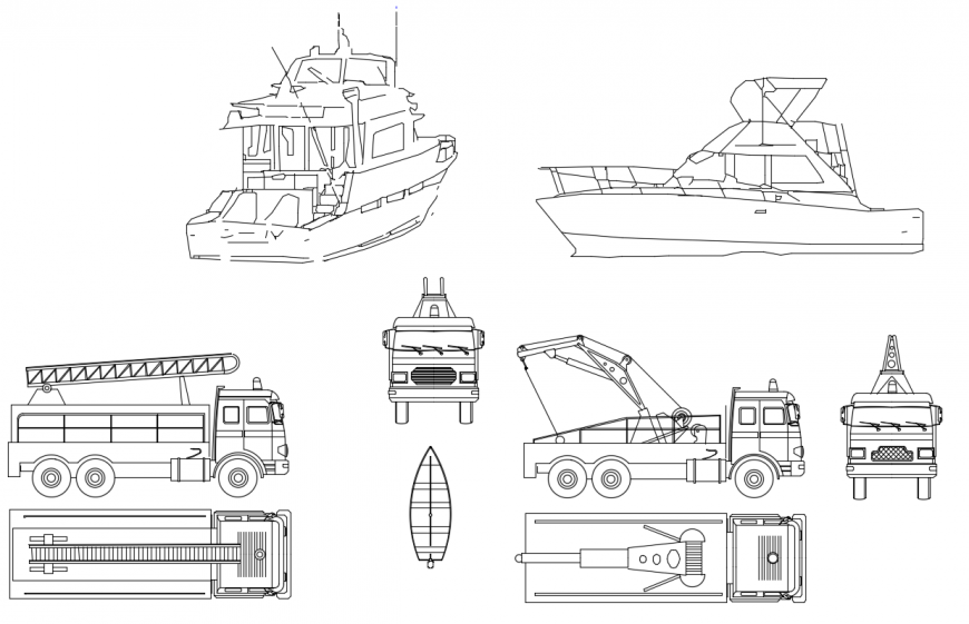 CAD drawings details of luxury cars and truck and ships