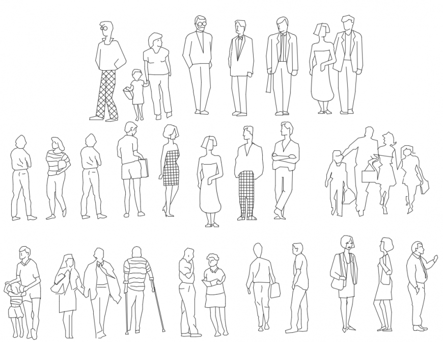 Cad drawings details of people with designed clothes