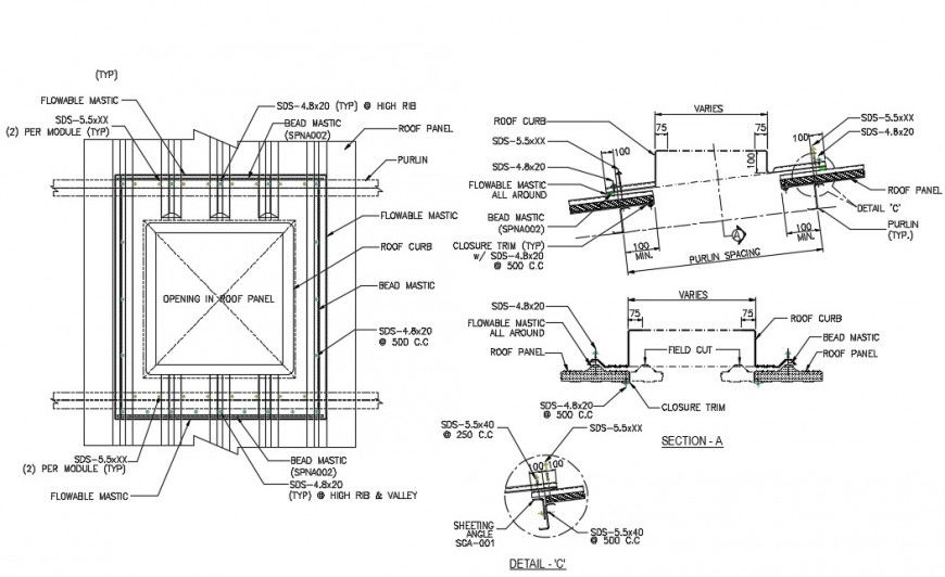 CAD drawings details of roof panel units 2d view dwg file