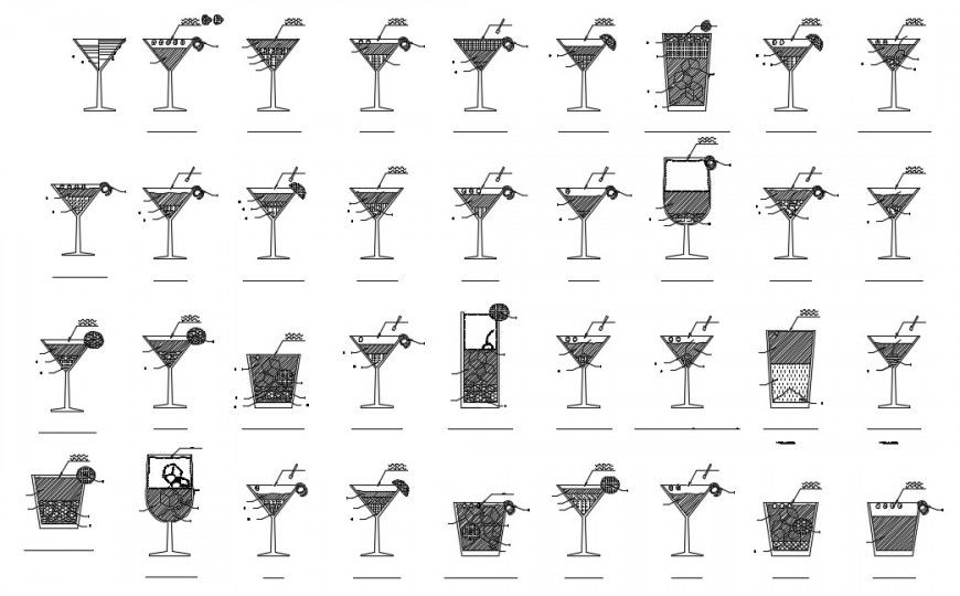 CAd drawings details of round cocktail glasses
