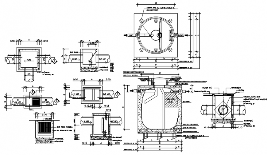 CAD drawings details of sewer tank plan and section autocad file