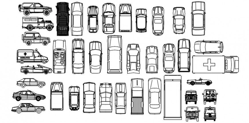 Cad drawings details of small top view  jeep  cars