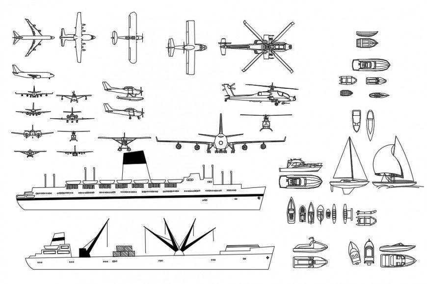 CAd drawings details of the airplane,ships, and boat