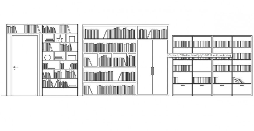CAd drawings details of the front elevation of bookshelves  and door