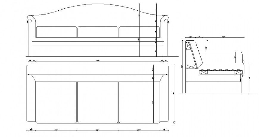 CAD drawings details of the top and front view of sofa three seater 