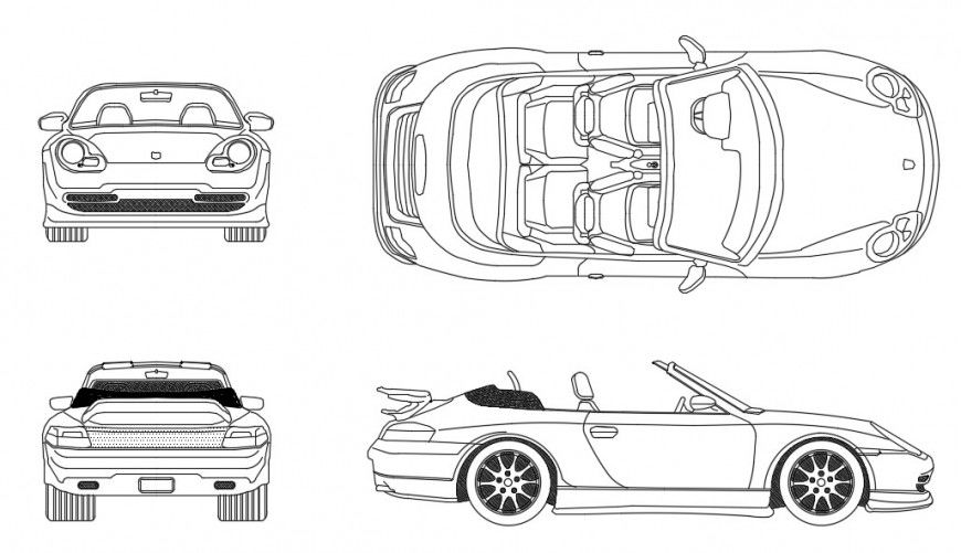 CAd drawings details of top,front,side and back elevation of Porsche car 