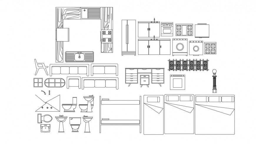 CAd drawings details of top and front   elevation of closet,bed and kitchen layout plan