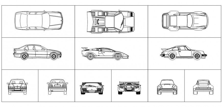 Cad drawings details of top view of   types of car elevation   