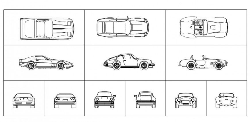 CAd drawings details of top view of different types of three car elevation