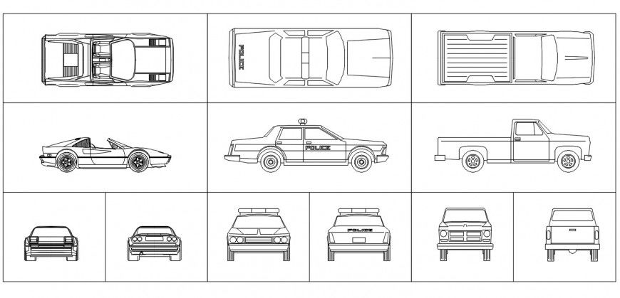 Cad drawings details of top view of  different types of two-seater car
