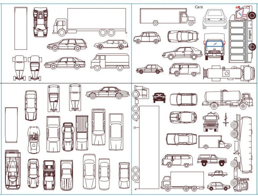 Cad drawings details of top view of  different types of vehicles