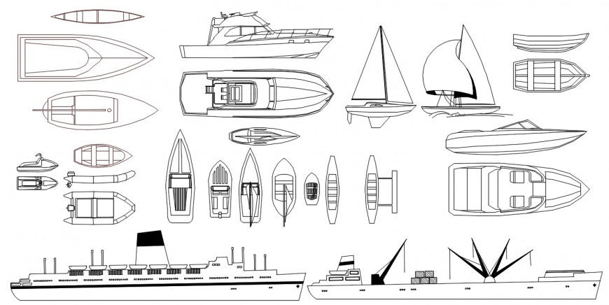 Cad drawings details of top view of  different types of yacht  