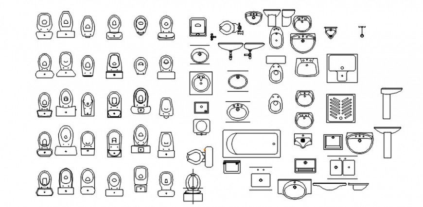 CAd drawings details of top view of closet, bath tub and wash basin and toilet accessories