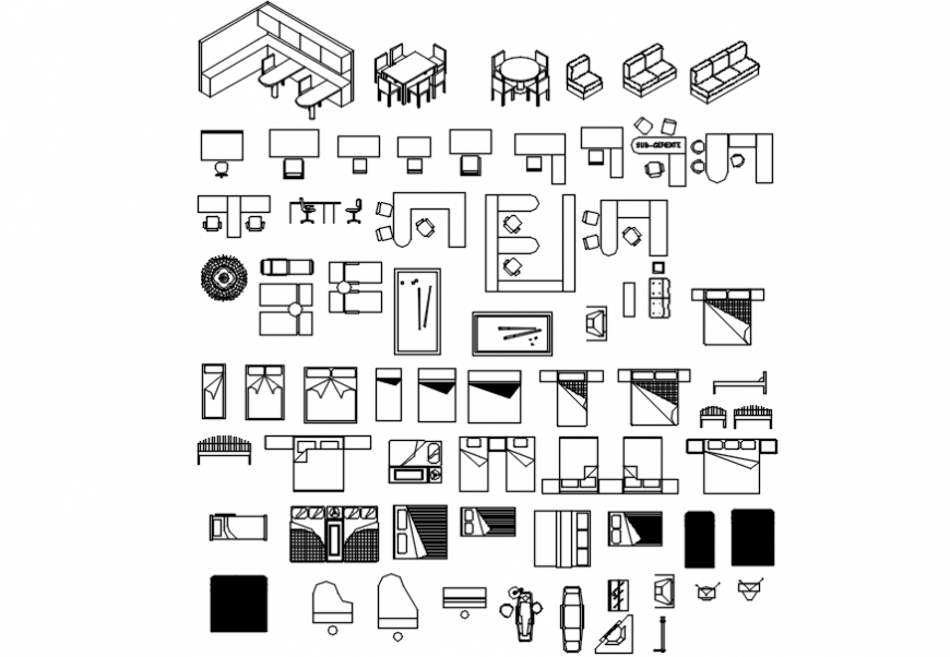 Top View CAD Drawing of Bed, Chair, and Dining Furniture