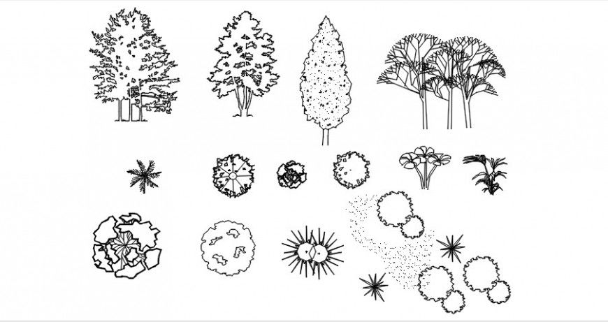CAd drawings details of various kinds of tree types of shredded top trees