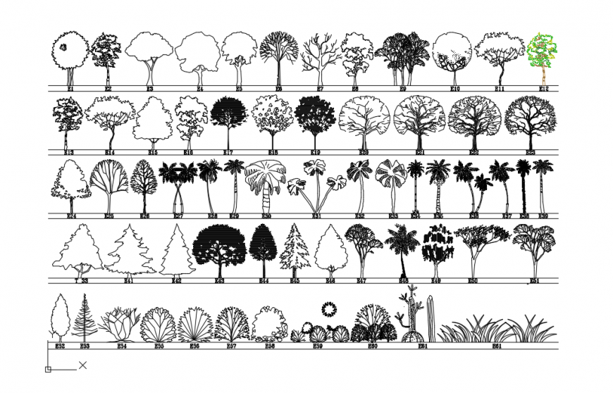 Cad drawings details of various kinds of trees with Christmas trees