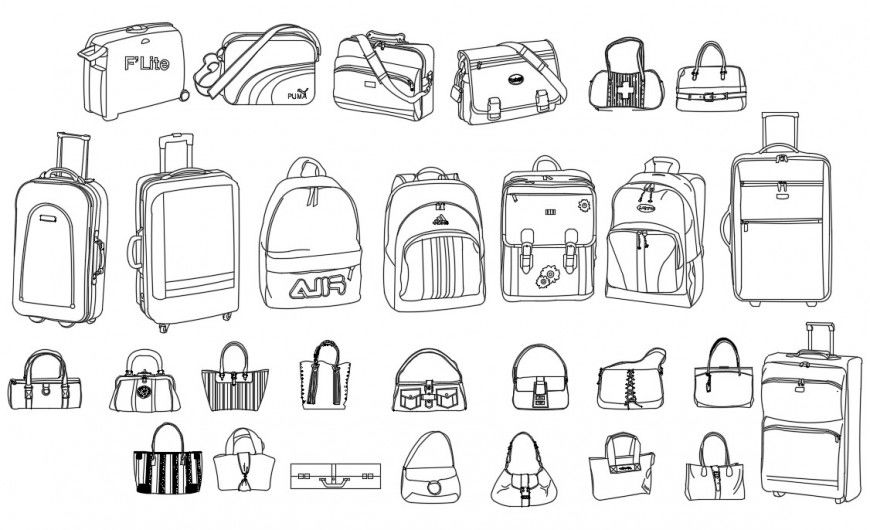 CAd drawings details of various types of bags