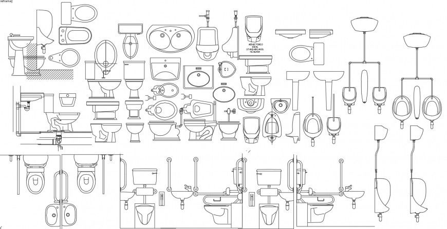 Cad drawings details of various types of closet and washbasin