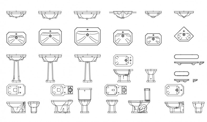 CAd drawings details of washbasins stylish pattern