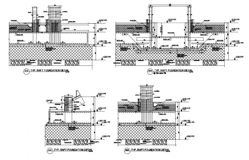 CAD drawings of Raft foundation footing 2d view dwg file