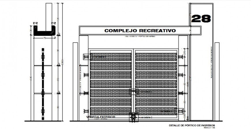 CAD elevation of entrance gate 2d view autocad file