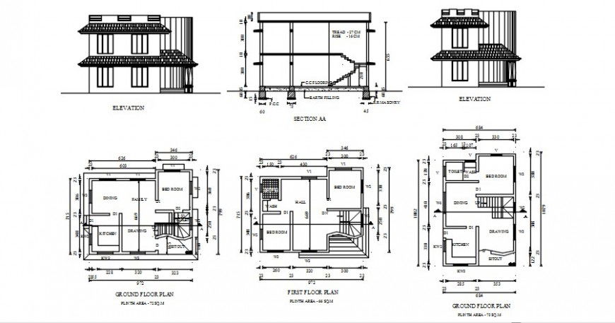 CAD elevation plan and sectional details of housing bungalow dwg file