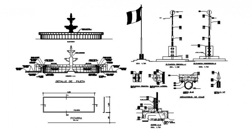 CAD fountain design 2d view drawings details in autocad