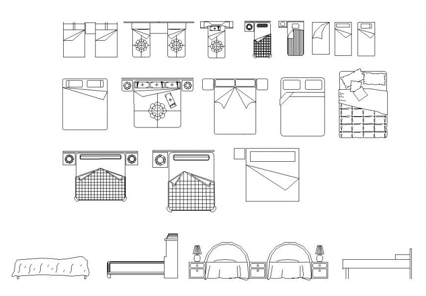 2D View Bedroom CAD Furniture Blocks with Layout Details
