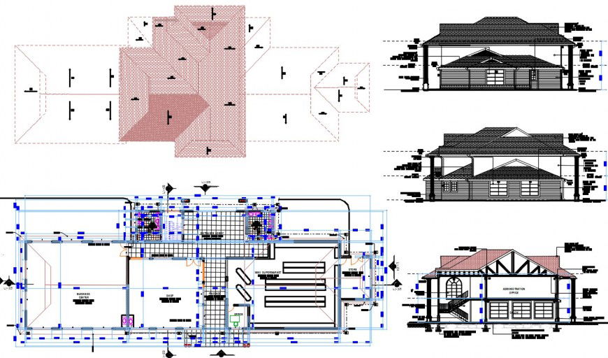 CAD layout drawings details of bungalow elevation section plan dwg file