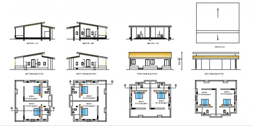CAD layout plan of house with elevation and section dwg fil