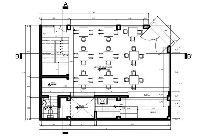 CAD layout plan of restaurant building 2d view autocad software file