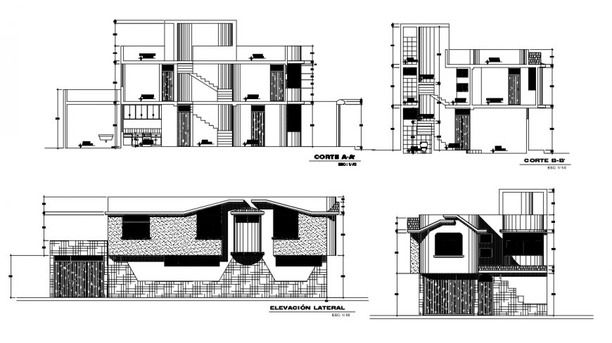 CAD section and elevation drawings details of bungalow dwg file
