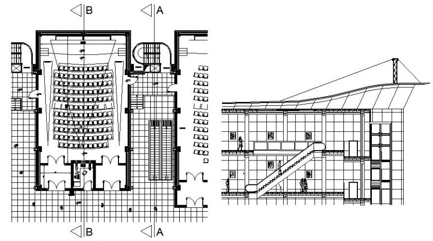CAD section and plan of auditorium building units dwg file