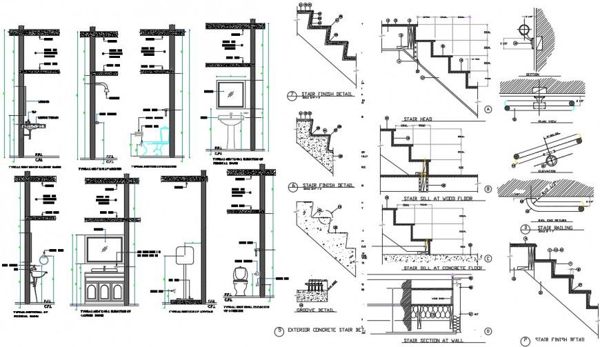 CAD sectional drawings details of the sanitary toilet along with staircase details in autocad file