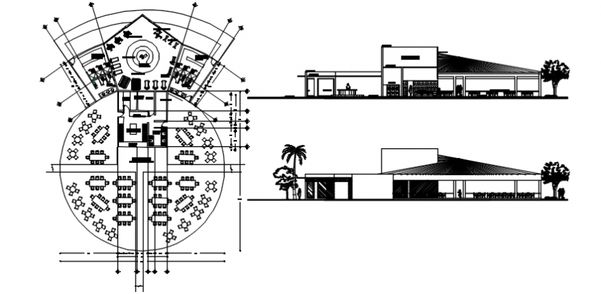 Cafe plan, section and elevations dwg file