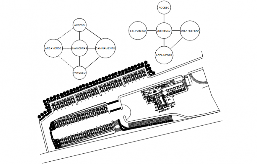 Cafeteria of university distribution and landscaping structure details dwg file