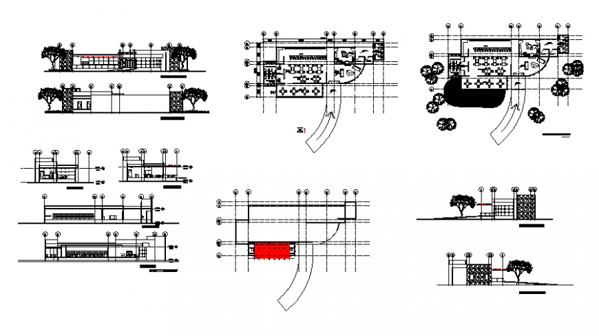 Cafeteria plan, elevation and section autocad file