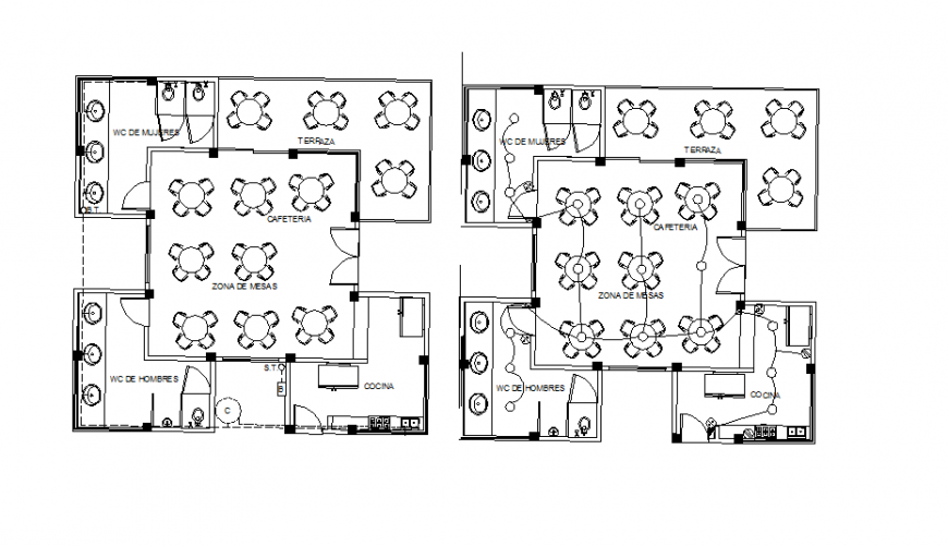 Cafeteria restaurant layout plan with electrical layout plan drawing details dwg file